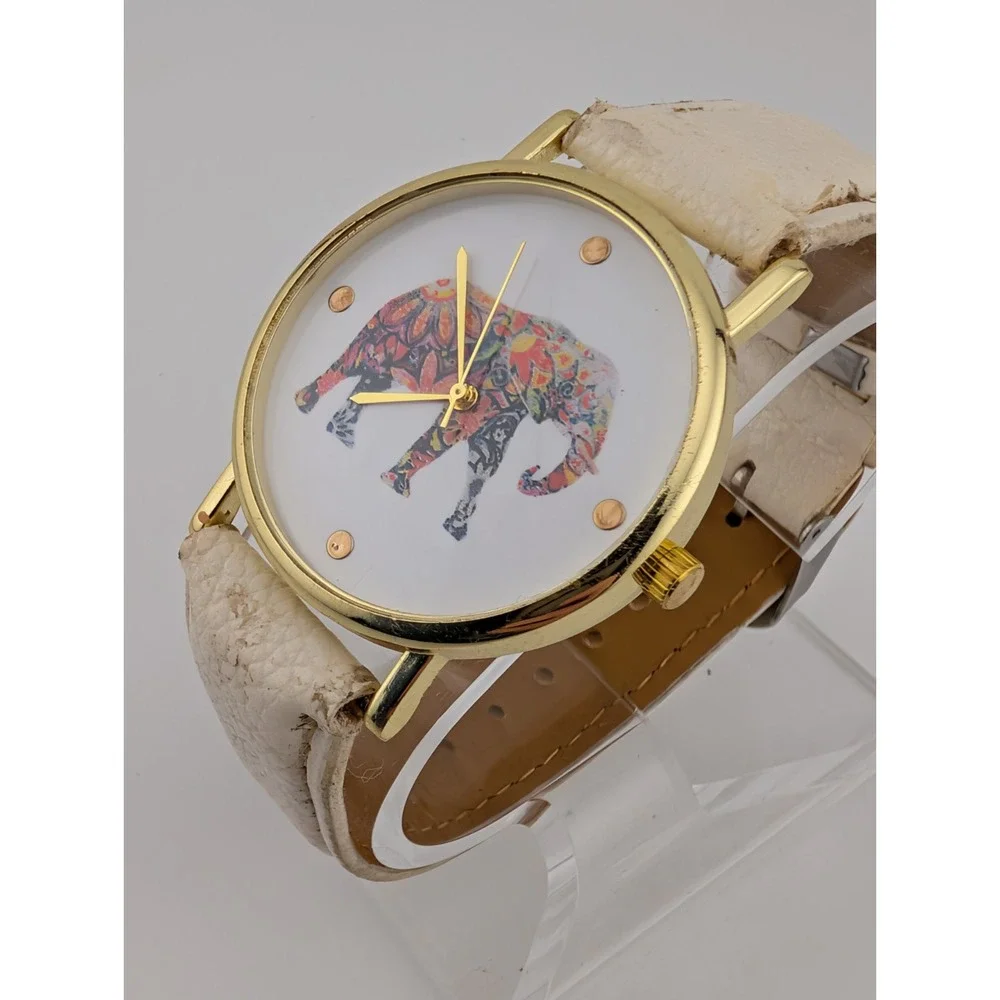 Elephant‎ Dial Watch Women 38mm Gold Case White Faux Leather Band- New Battery